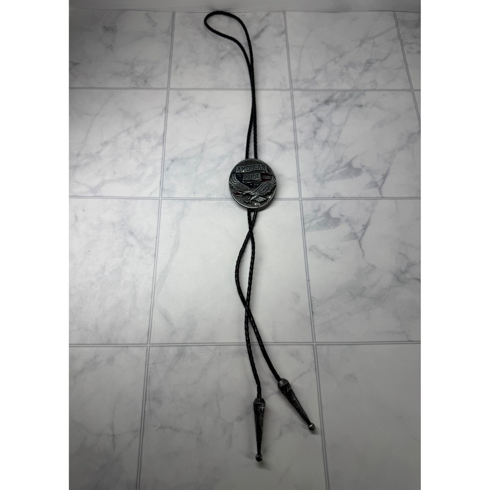 American Pride Eagle Bolo Tie Patriotic Western Silver Tone Black Cord EUC